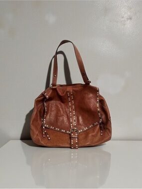 Cavalcanti Soft Italian Leather Studded Detail Bohemian Hobo Saddle Bag Brown